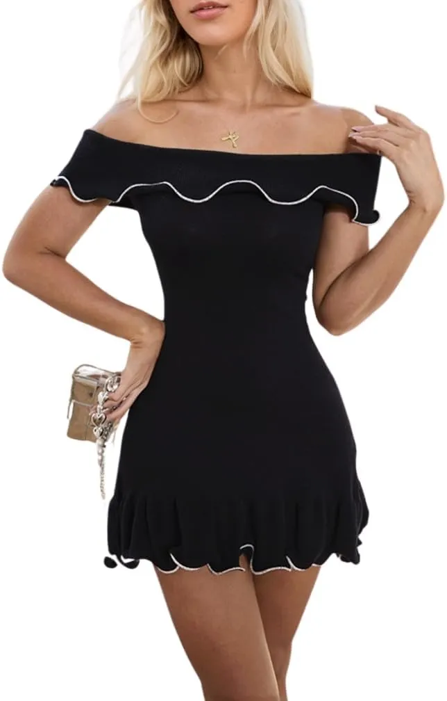 Women Sexy Off Shoulder Ruffle Hem Knit Mini Dress Short Sleeve A-Line Contrast Binding Party Club Short Dress