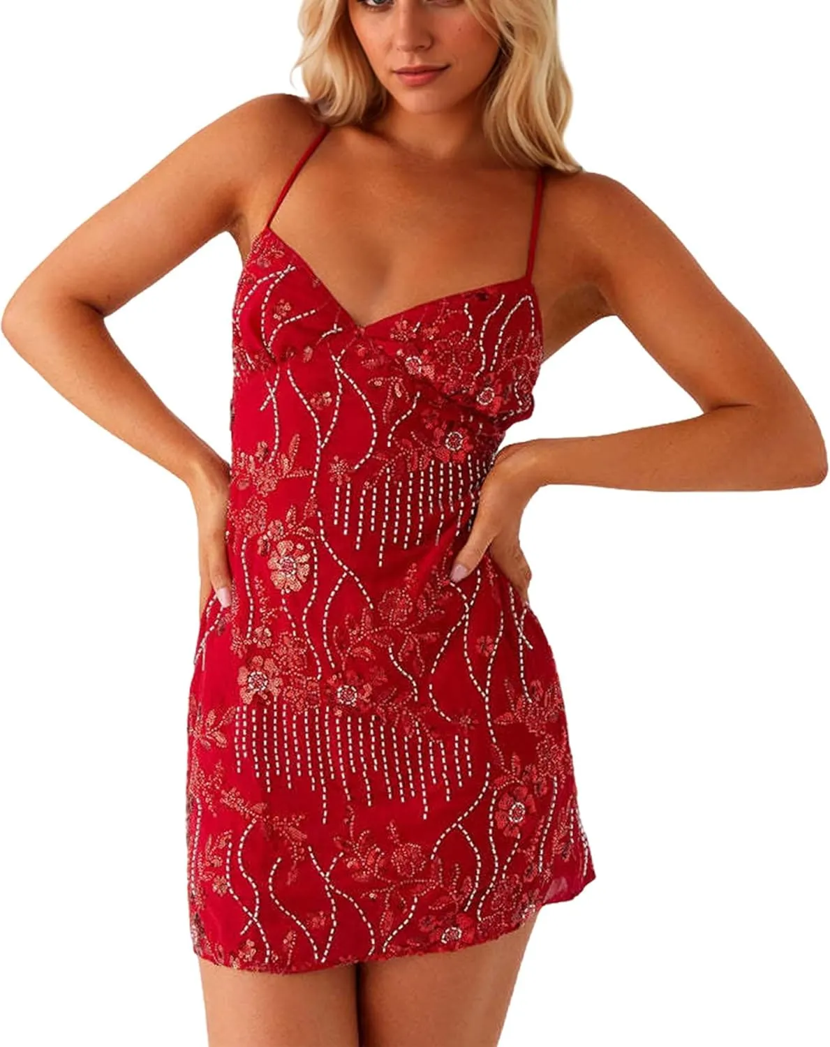 Women Sexy Sleeveless Sparkly Sequin Rhinestone Mini Dress Deep V Neck Open Back Glitter Cami Short Dress Club Party
