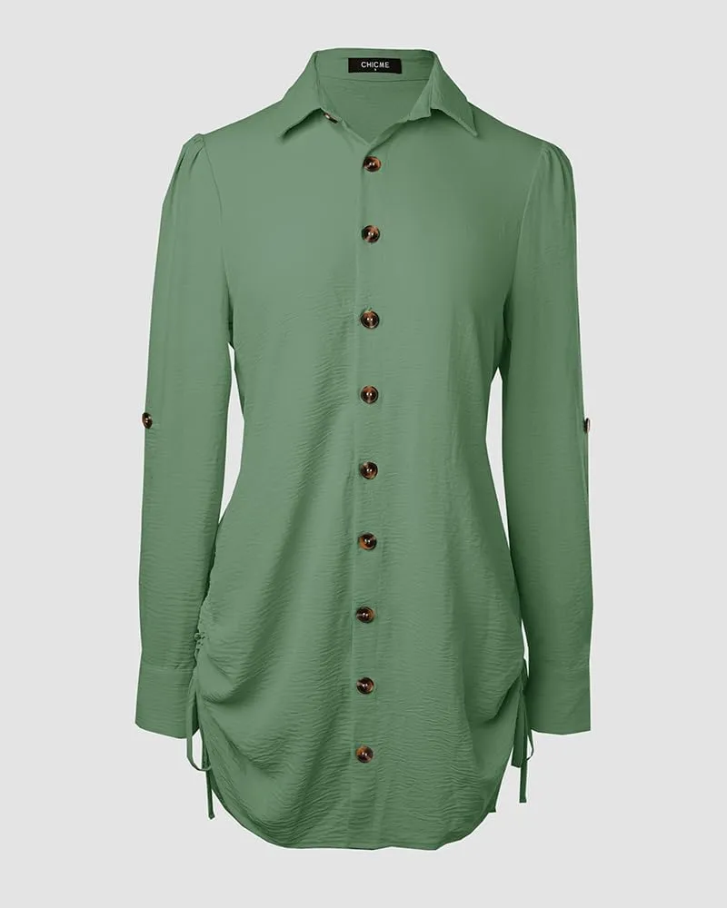 Women Shirt Dress Sexy Long Sleeve Button Down Blouses Side Drawstring Mini Dresses