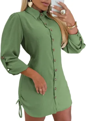 Women Shirt Dress Sexy Long Sleeve Button Down Blouses Side Drawstring Mini Dresses