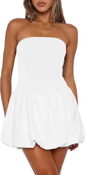 Women Strapless Tube Top Dress Y2k Puff Bubble Dress Cute Summer Mini Dress Bandeau Corset Short Party Dress Clubwear