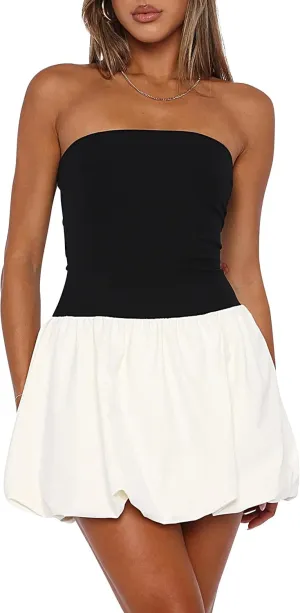 Women Strapless Tube Top Dress Y2k Puff Bubble Dress Cute Summer Mini Dress Bandeau Corset Short Party Dress Clubwear