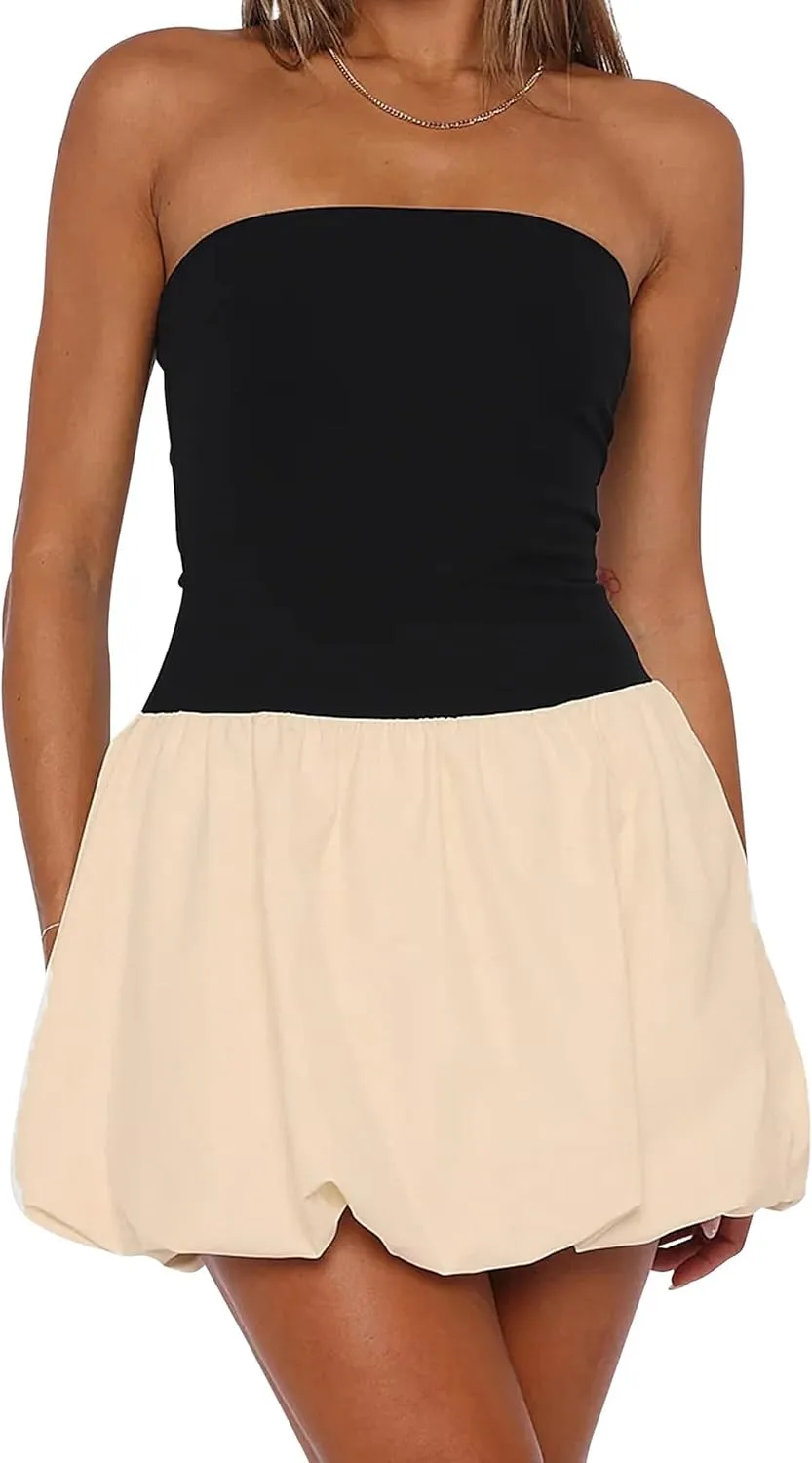 Women Strapless Tube Top Dress Y2k Puff Bubble Dress Cute Summer Mini Dress Bandeau Corset Short Party Dress Clubwear