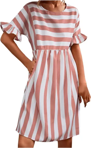 Women Striped Patchwork Mini Dresses Ruffle Short Sleeve Crew Neck Summer Short Dress Casual Beach Sundress