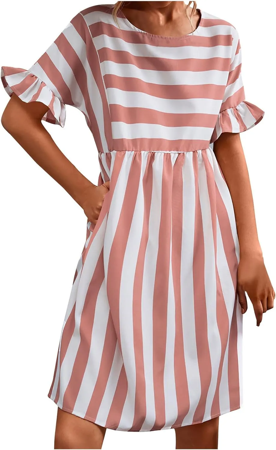 Women Striped Patchwork Mini Dresses Ruffle Short Sleeve Crew Neck Summer Short Dress Casual Beach Sundress