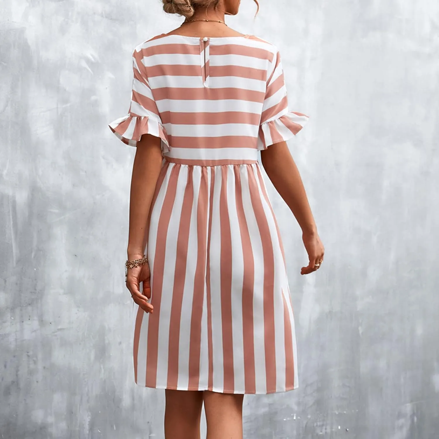 Women Striped Patchwork Mini Dresses Ruffle Short Sleeve Crew Neck Summer Short Dress Casual Beach Sundress