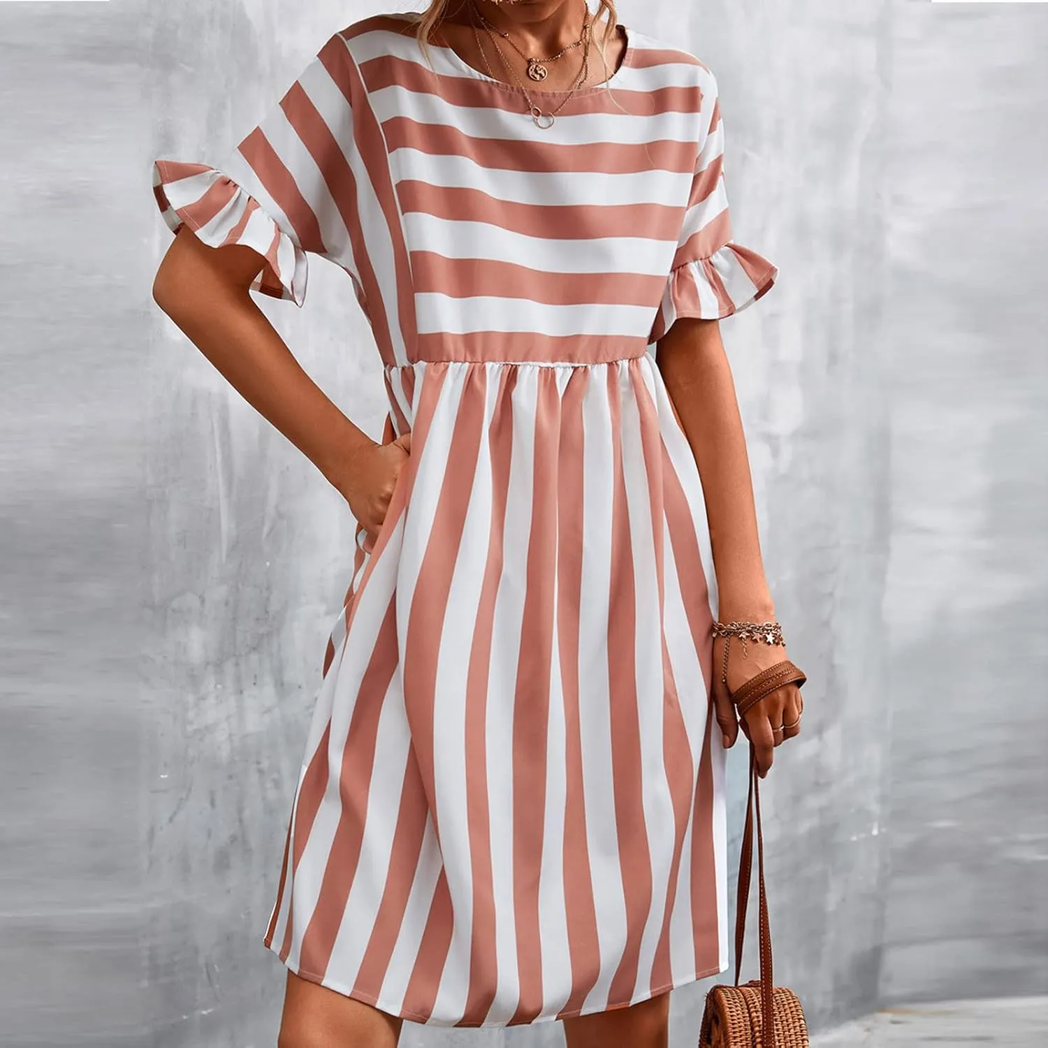 Women Striped Patchwork Mini Dresses Ruffle Short Sleeve Crew Neck Summer Short Dress Casual Beach Sundress