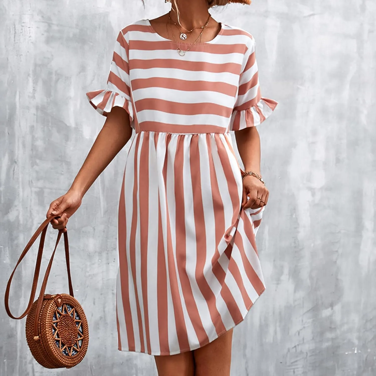 Women Striped Patchwork Mini Dresses Ruffle Short Sleeve Crew Neck Summer Short Dress Casual Beach Sundress