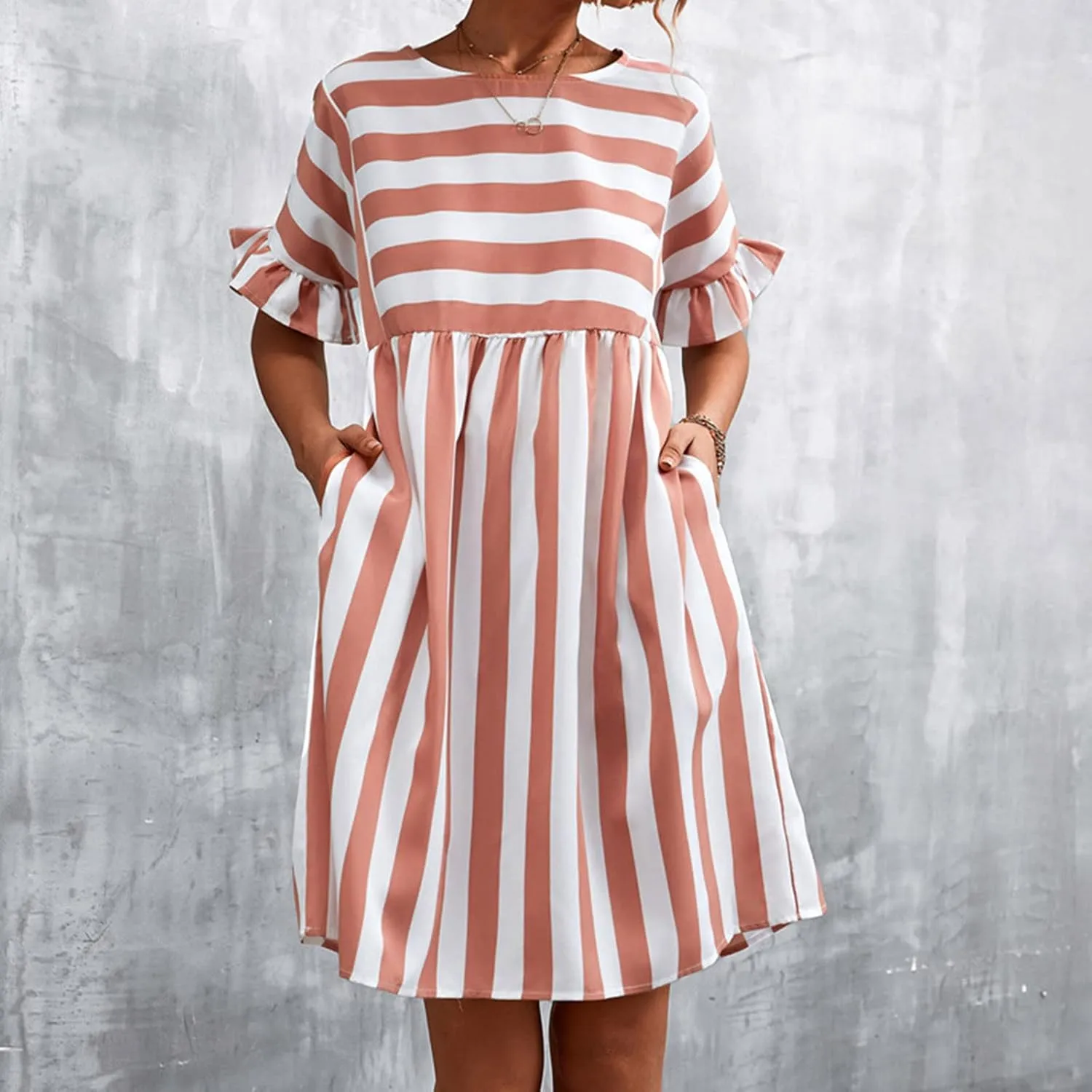 Women Striped Patchwork Mini Dresses Ruffle Short Sleeve Crew Neck Summer Short Dress Casual Beach Sundress