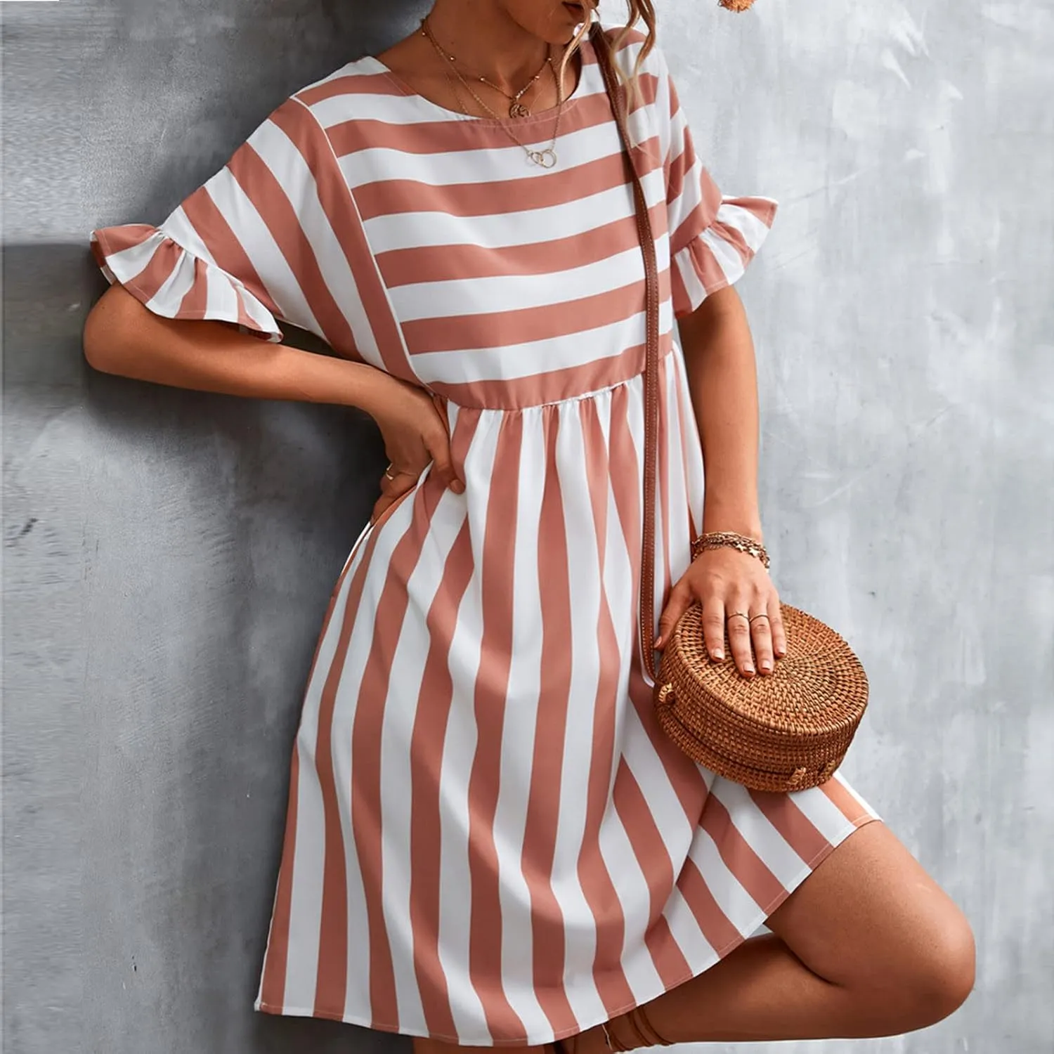 Women Striped Patchwork Mini Dresses Ruffle Short Sleeve Crew Neck Summer Short Dress Casual Beach Sundress