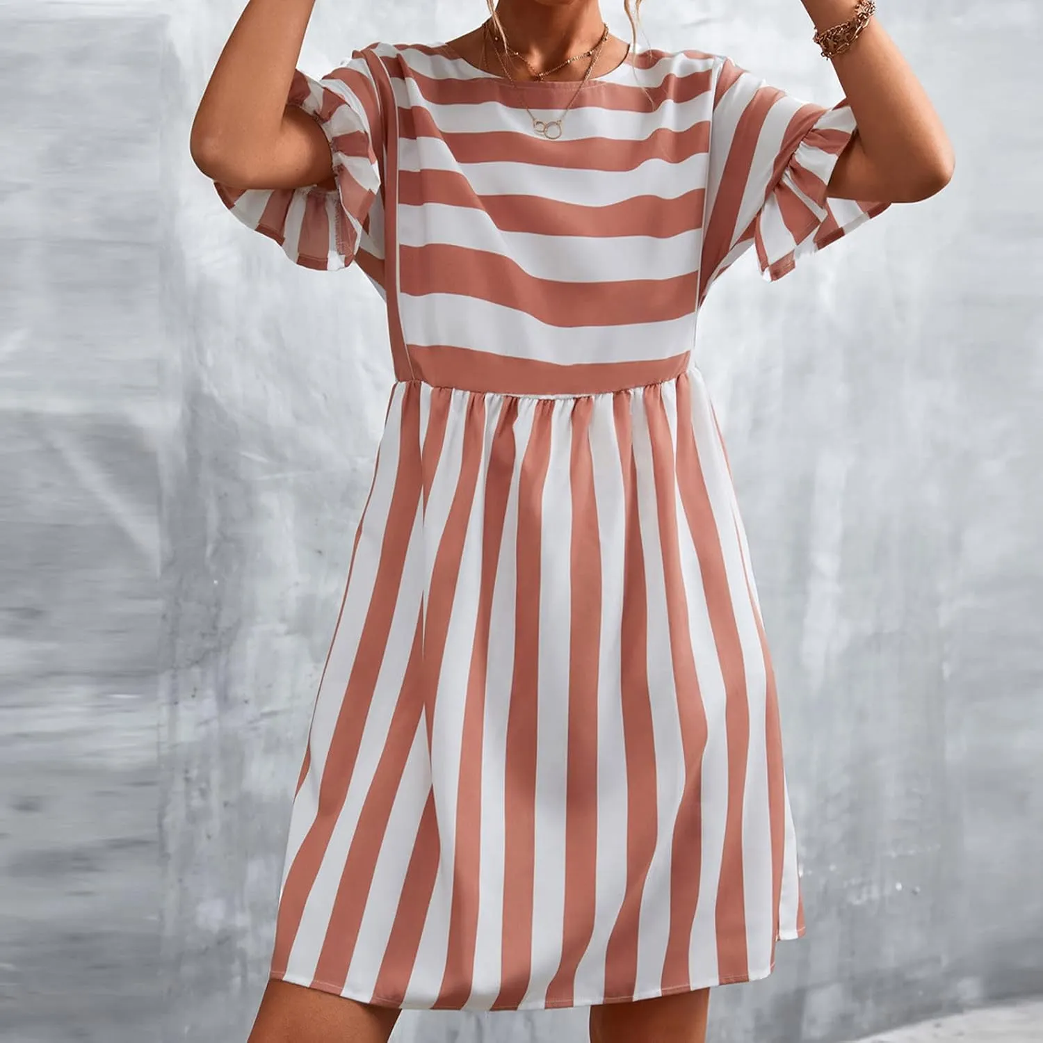 Women Striped Patchwork Mini Dresses Ruffle Short Sleeve Crew Neck Summer Short Dress Casual Beach Sundress