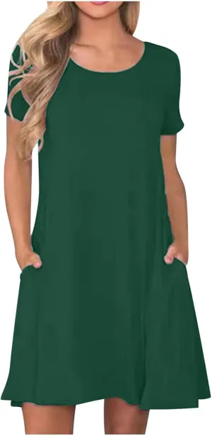 Women Summer Dresses Short Sleeve Casual Round Neck Beach Dress Fashion Solid Color Vacation Loose Pleated Sundress