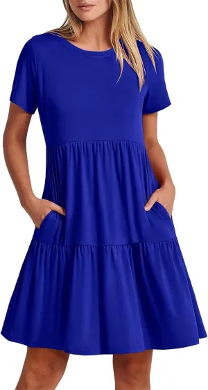 Women Summer Mini Dress Casual Short Sleeve Crewneck Pleated Dresses Trendy Tiered Ruffle Hem Tummy Control Sundress