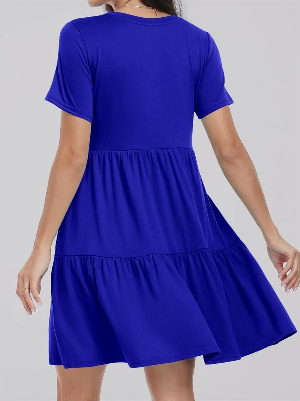Women Summer Mini Dress Casual Short Sleeve Crewneck Pleated Dresses Trendy Tiered Ruffle Hem Tummy Control Sundress