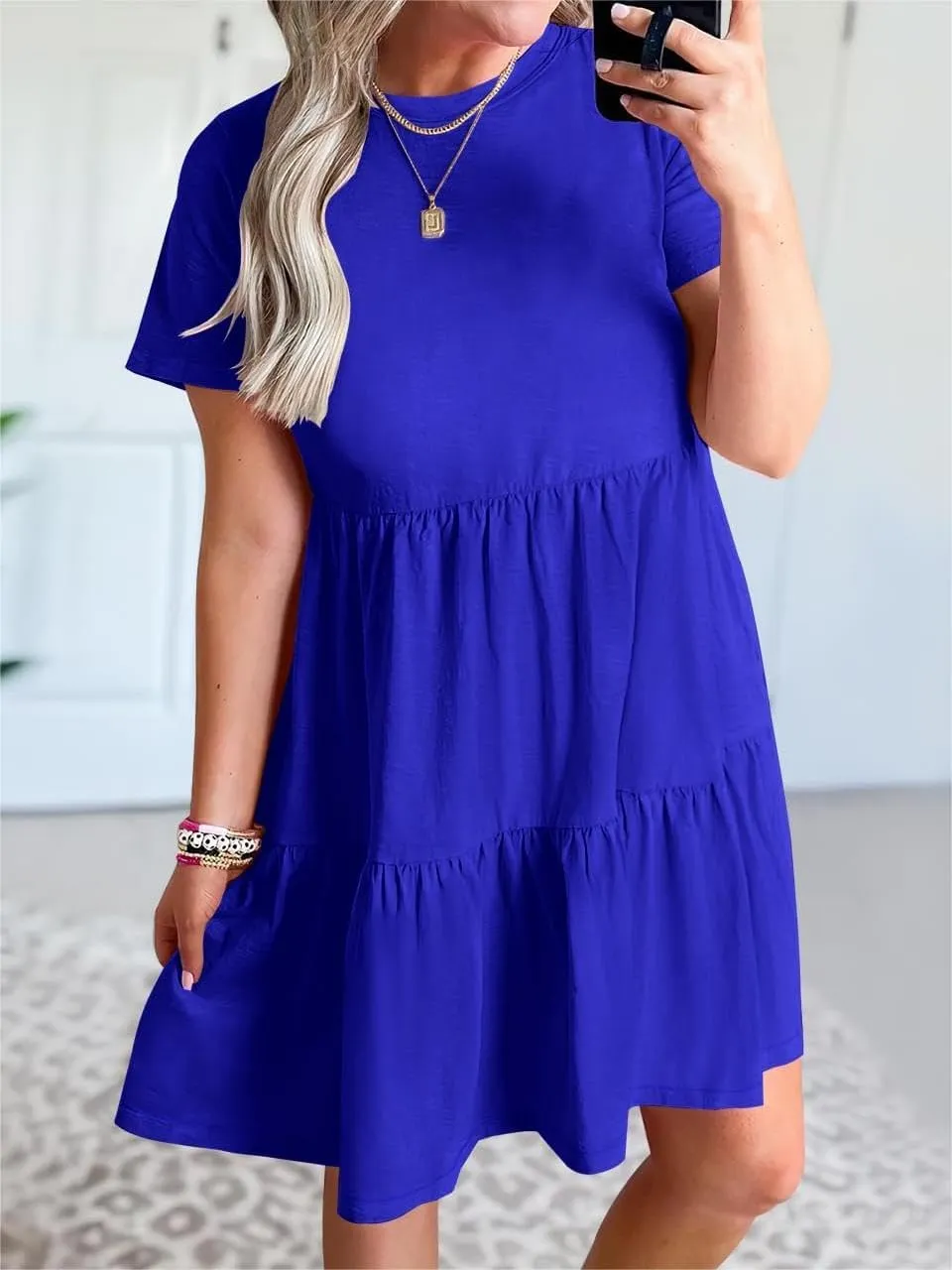 Women Summer Mini Dress Casual Short Sleeve Crewneck Pleated Dresses Trendy Tiered Ruffle Hem Tummy Control Sundress