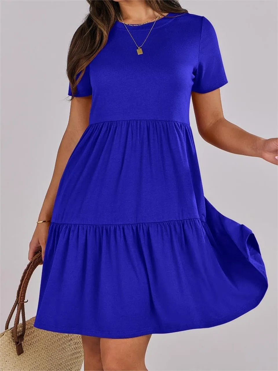 Women Summer Mini Dress Casual Short Sleeve Crewneck Pleated Dresses Trendy Tiered Ruffle Hem Tummy Control Sundress