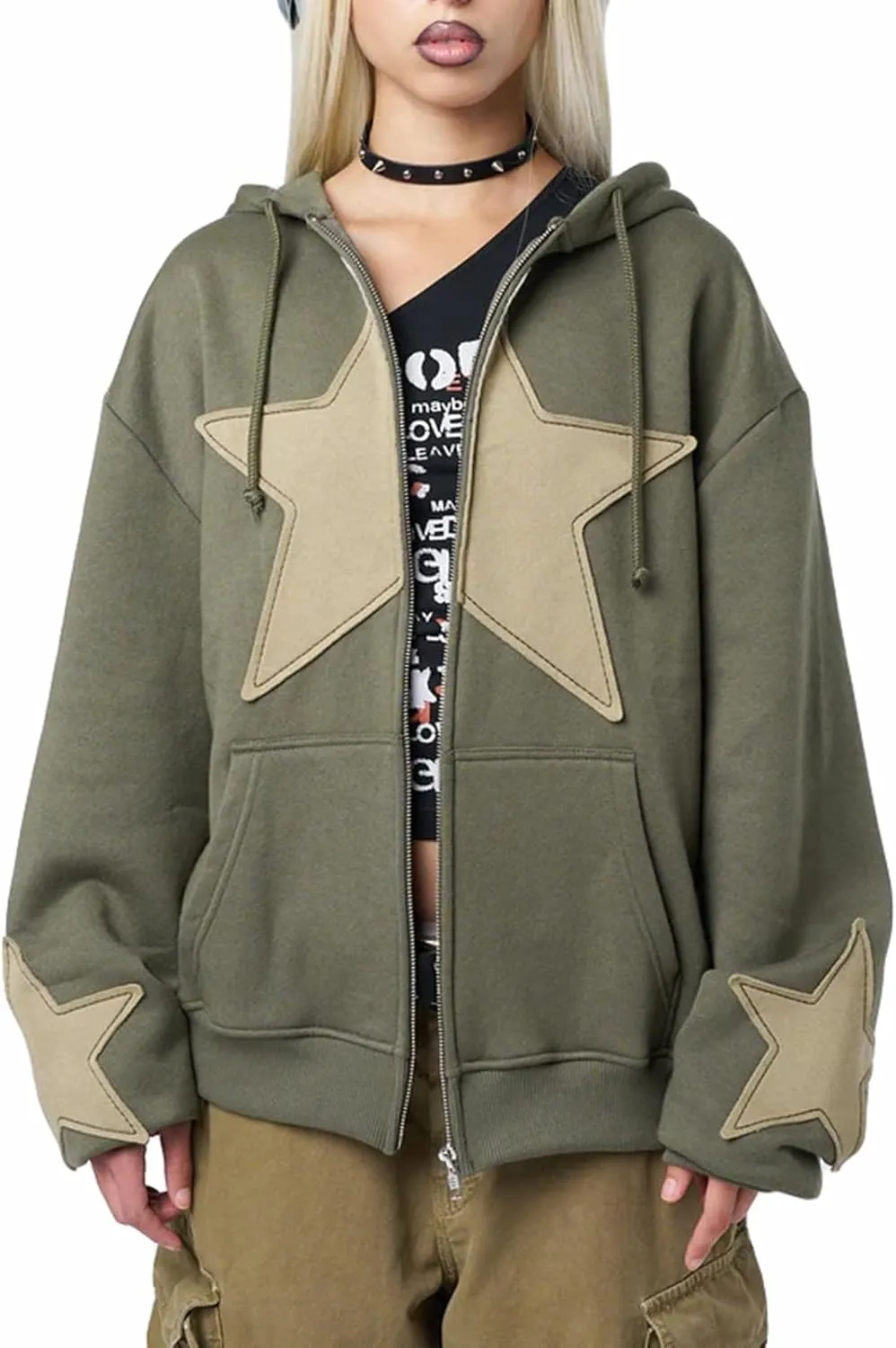Women Y2k Zip Up Hoodies Grunge Star Graphic Jackets Hip Hop Harajuku Oversized Hooded Sweatshirt Jacket