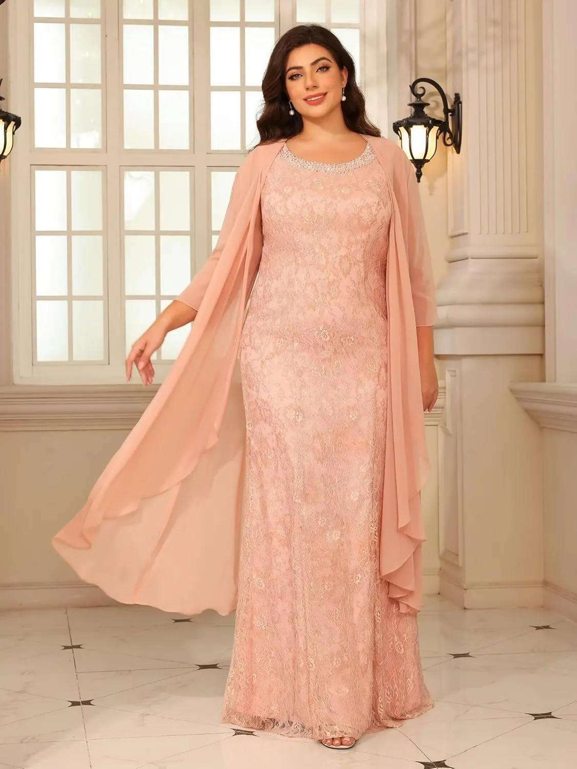 Women's 2 Piece Crew Neck Chiffon Mother of The Bride Dresses with Jacket Sparkly Beaded Formal Evening Party Gown DE379