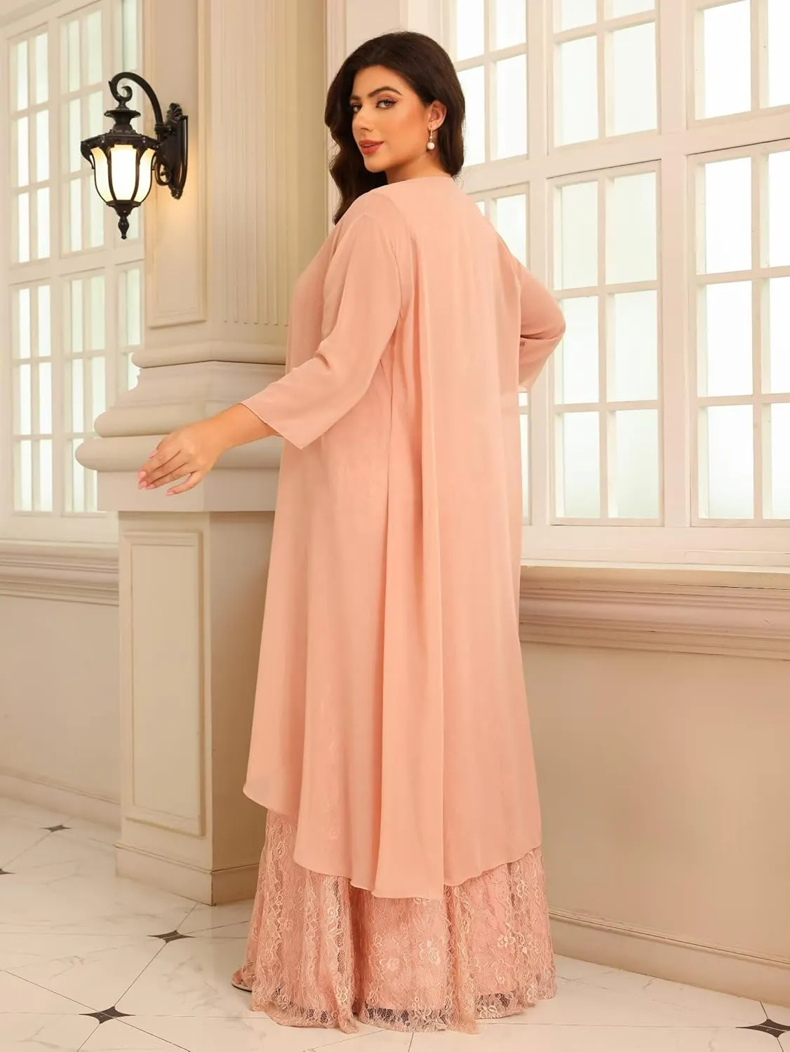 Women's 2 Piece Crew Neck Chiffon Mother of The Bride Dresses with Jacket Sparkly Beaded Formal Evening Party Gown DE379
