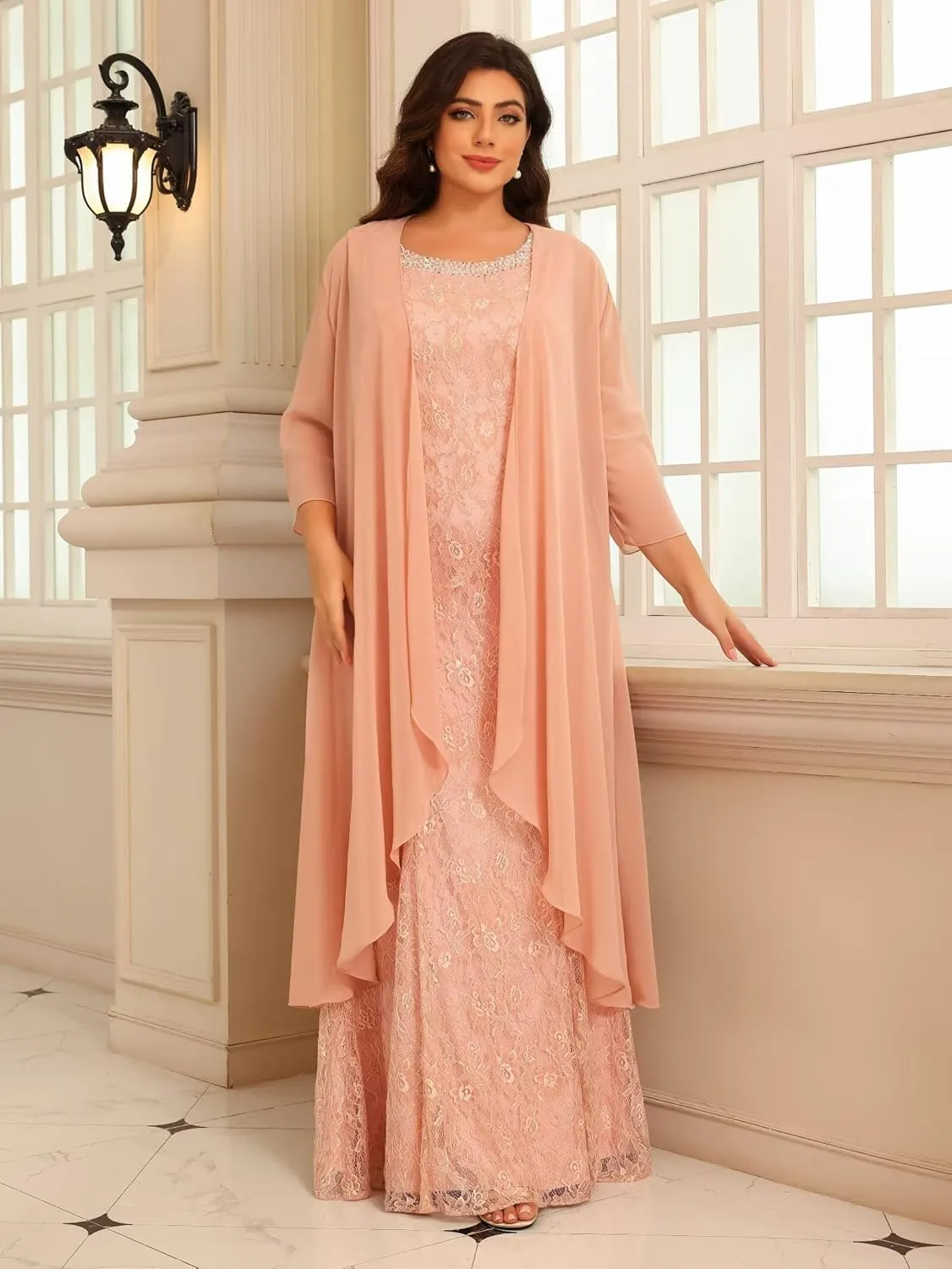 Women's 2 Piece Crew Neck Chiffon Mother of The Bride Dresses with Jacket Sparkly Beaded Formal Evening Party Gown DE379