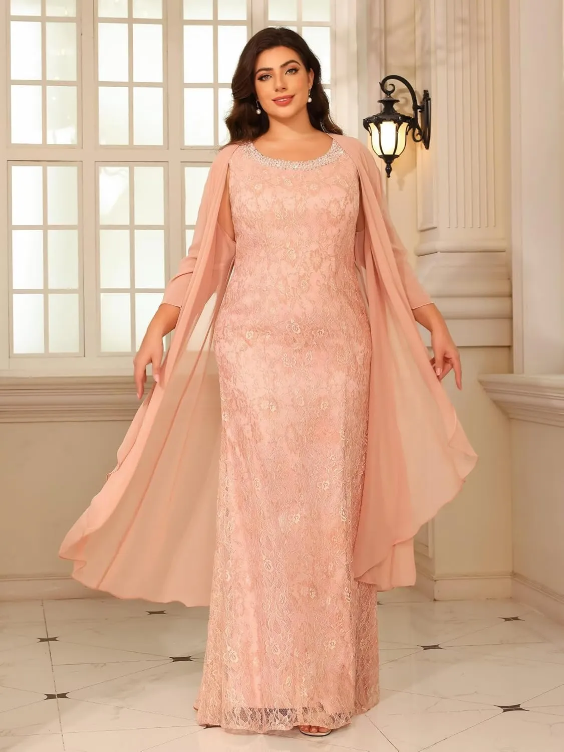 Women's 2 Piece Crew Neck Chiffon Mother of The Bride Dresses with Jacket Sparkly Beaded Formal Evening Party Gown DE379