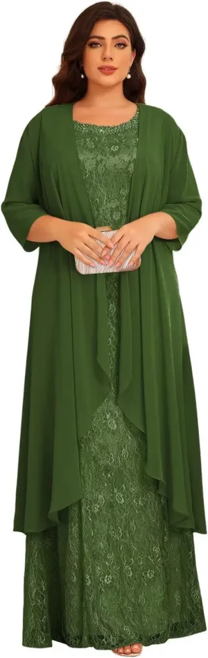 Women's 2 Piece Crew Neck Chiffon Mother of The Bride Dresses with Jacket Sparkly Beaded Formal Evening Party Gown DE379