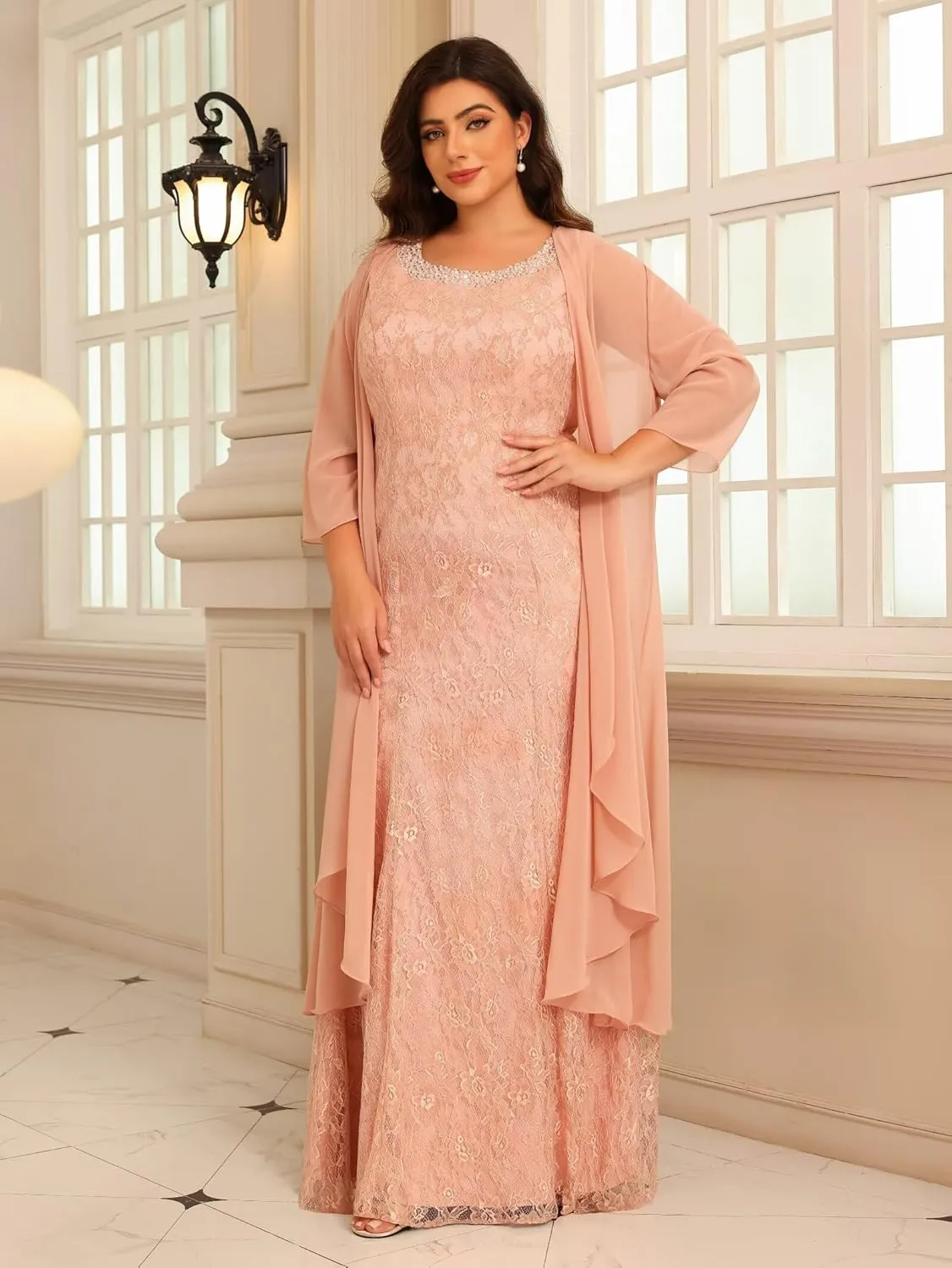 Women's 2 Piece Crew Neck Chiffon Mother of The Bride Dresses with Jacket Sparkly Beaded Formal Evening Party Gown DE379