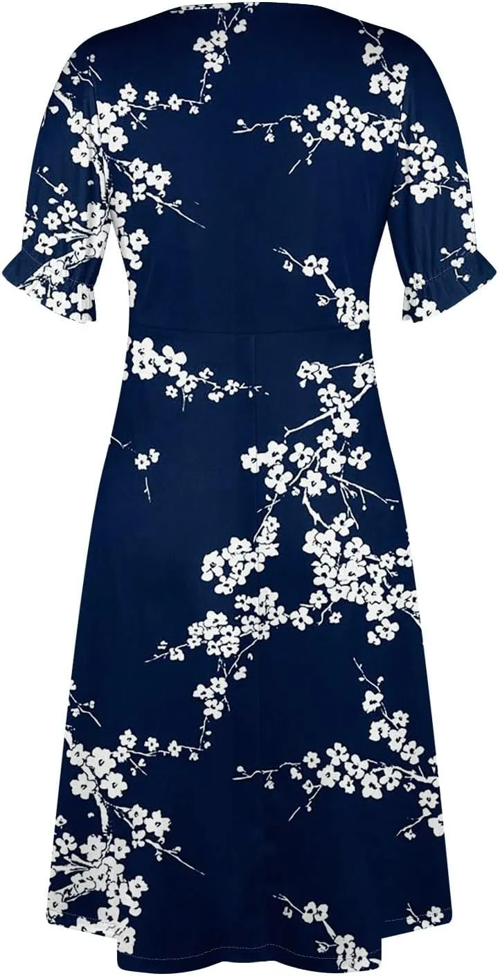 Women's 2024 Puff Sleeve Wrap Midi Dress Floral V Neck Bodycon Dress Formal Cocktail Party Work Dresses S-3XL
