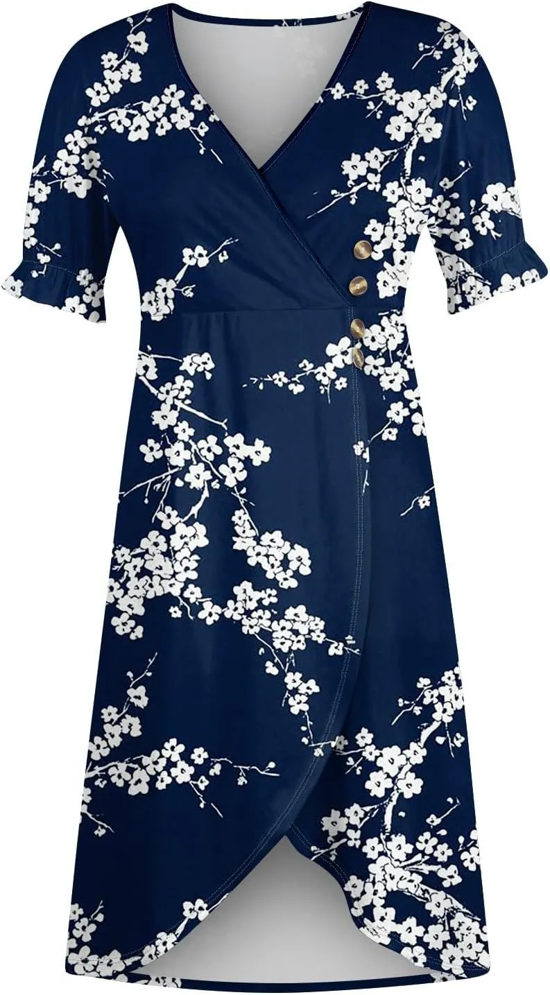 Women's 2024 Puff Sleeve Wrap Midi Dress Floral V Neck Bodycon Dress Formal Cocktail Party Work Dresses S-3XL