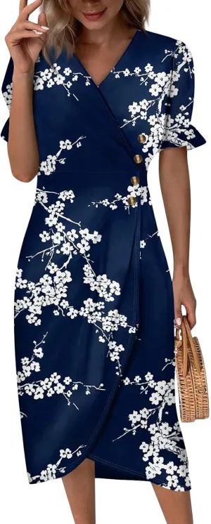 Women's 2024 Puff Sleeve Wrap Midi Dress Floral V Neck Bodycon Dress Formal Cocktail Party Work Dresses S-3XL