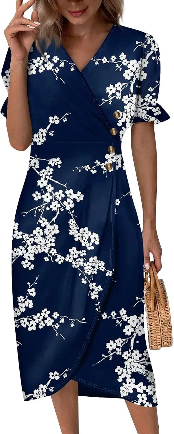 Women's 2024 Puff Sleeve Wrap Midi Dress Floral V Neck Bodycon Dress Formal Cocktail Party Work Dresses S-3XL