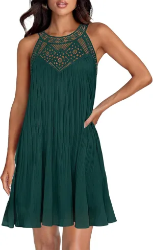 Women's 2025 Lace Hollow Out Halter Mini Dresses Casual Sleeveless Flowy Ruffle Beach Vacation A line Dress