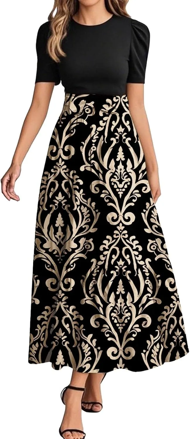 Women's 2025 Summer Floral Crew Neck Midi Dress Boho Short Sleeve High Waist Flowy Beach Vacation Dresses