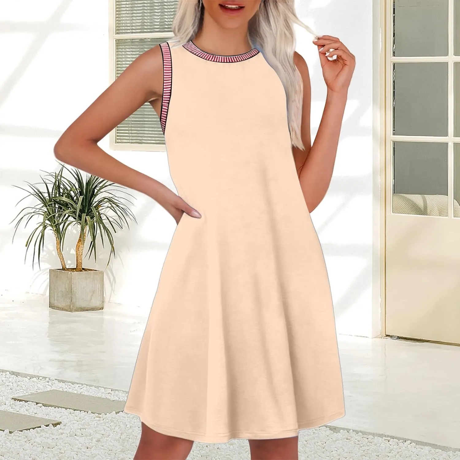 Women's 2025 Summer Sundress Ribbed Knit Sleeveless Crewneck A Line Mini Dress Casual Beach Vacation Dresses