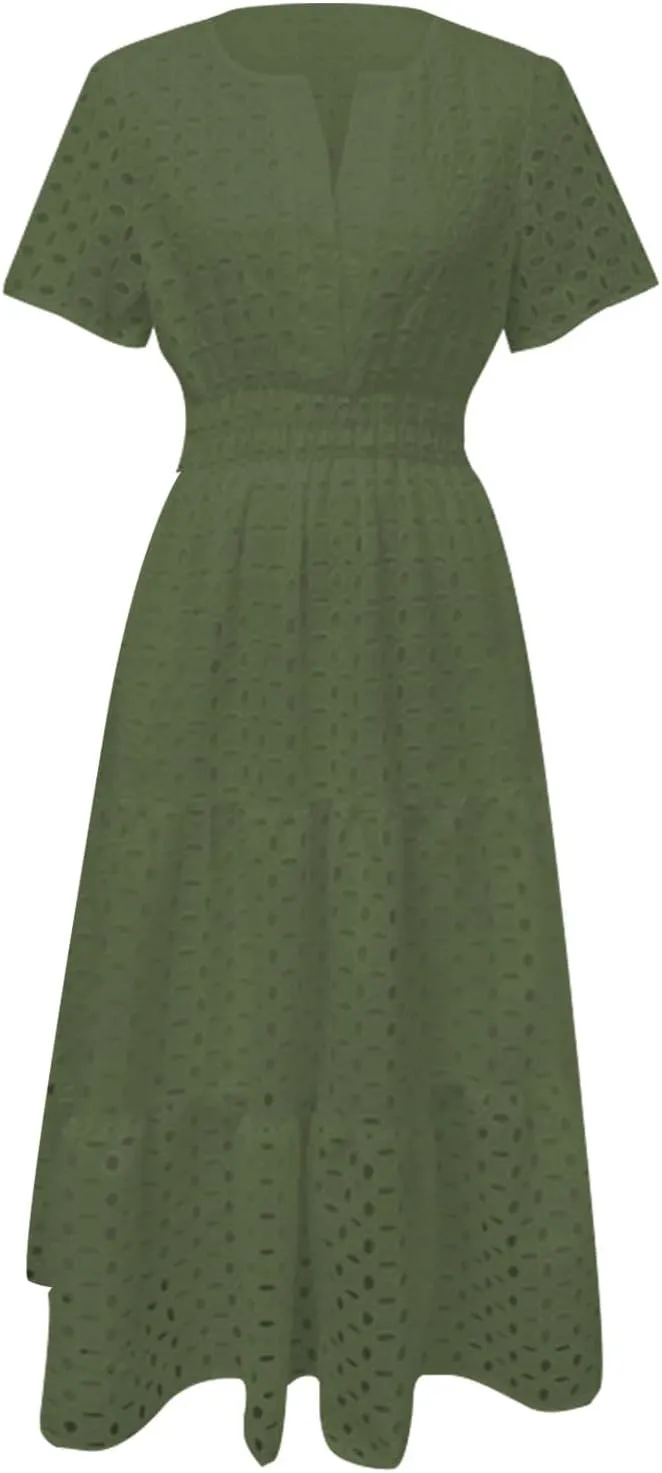 Women's 2025 Summer V Neck Hollow Out Casual Eyelet Ruffle Swing A Line Dress Short Sleeve Boho Long Maxi Dresses