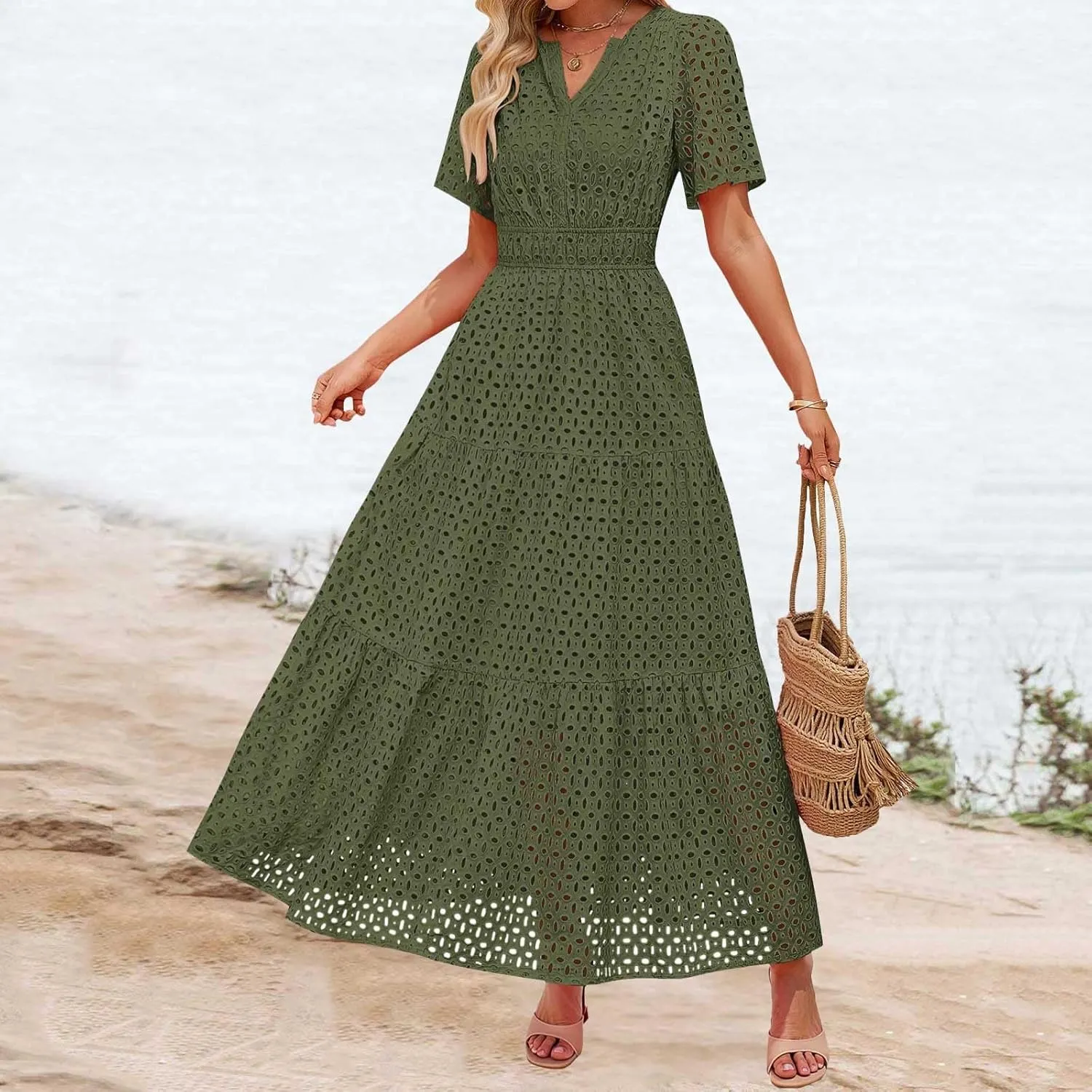 Women's 2025 Summer V Neck Hollow Out Casual Eyelet Ruffle Swing A Line Dress Short Sleeve Boho Long Maxi Dresses