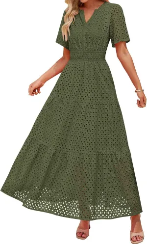 Women's 2025 Summer V Neck Hollow Out Casual Eyelet Ruffle Swing A Line Dress Short Sleeve Boho Long Maxi Dresses
