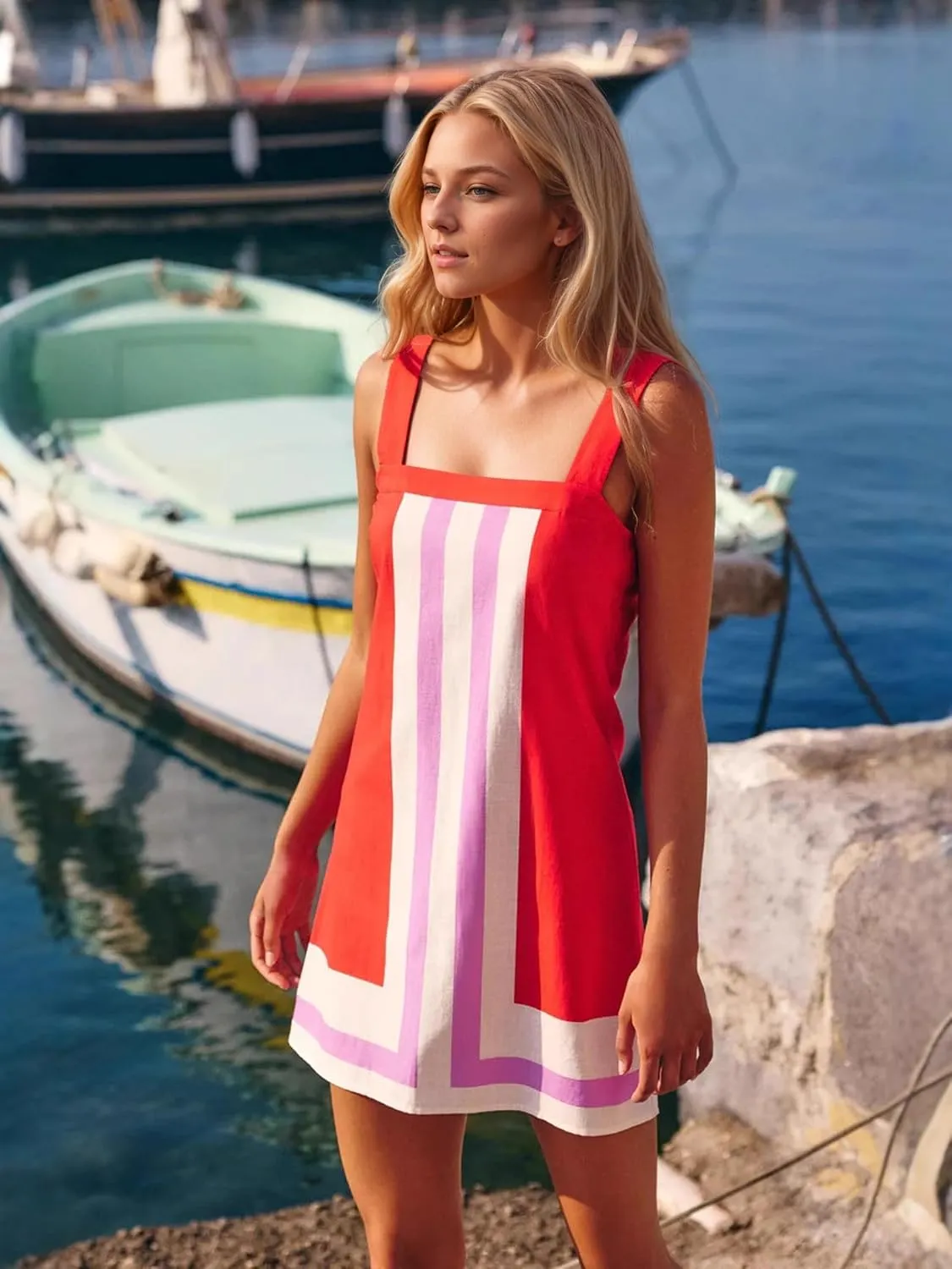 Women's Boho Beach Cover Up Dress Striped Mini Dress with Shoulder Straps Summer Coverup 2025
