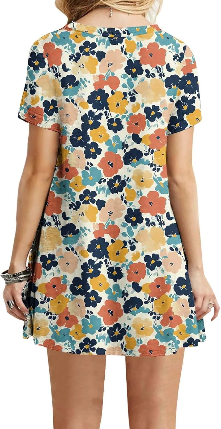 Women's Casual A-Line Dress Fashion Summer Beach Floral Short Sleeve Mini Dresses Pleated Flowy Tshirt Sundress