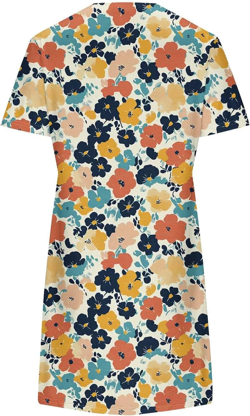Women's Casual A-Line Dress Fashion Summer Beach Floral Short Sleeve Mini Dresses Pleated Flowy Tshirt Sundress