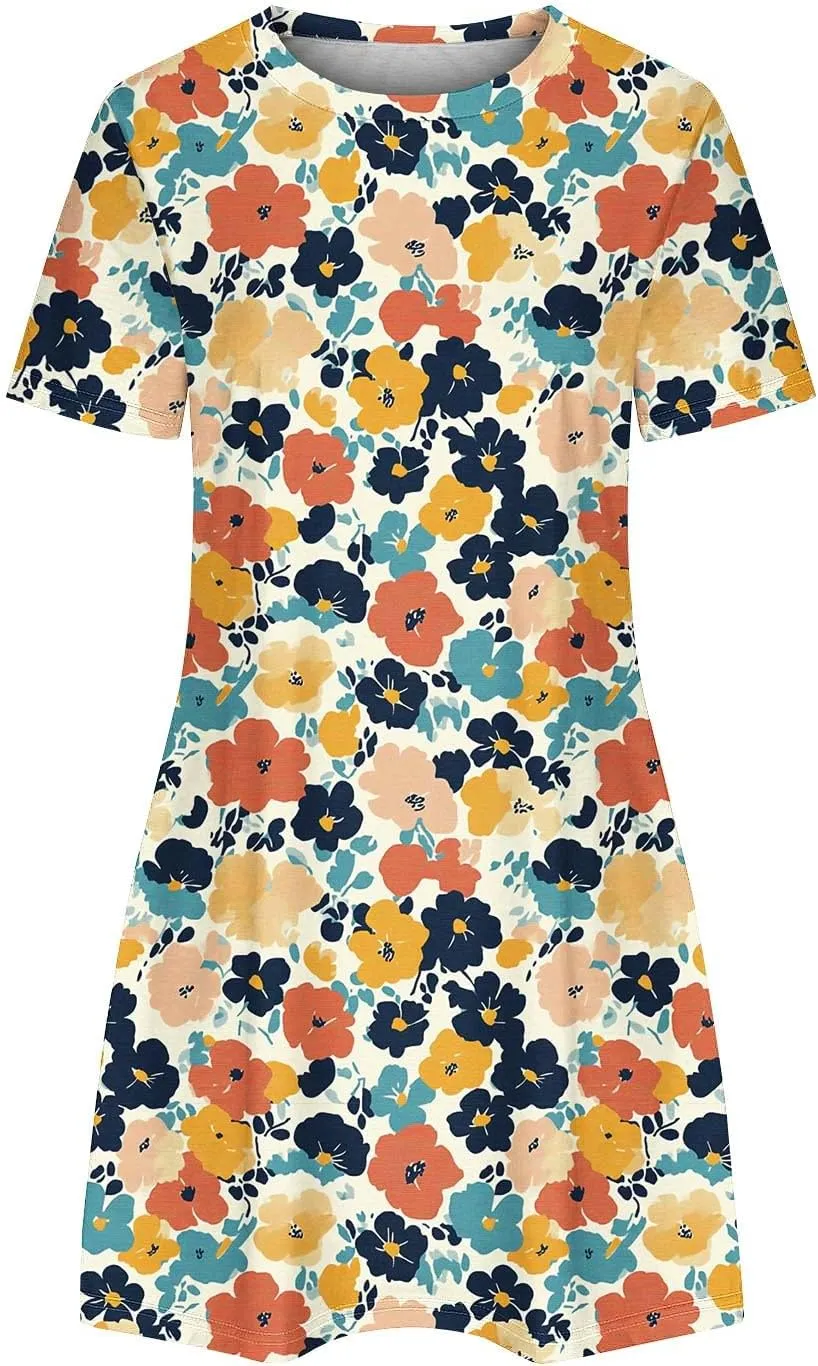 Women's Casual A-Line Dress Fashion Summer Beach Floral Short Sleeve Mini Dresses Pleated Flowy Tshirt Sundress