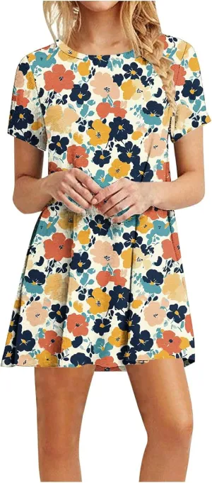 Women's Casual A-Line Dress Fashion Summer Beach Floral Short Sleeve Mini Dresses Pleated Flowy Tshirt Sundress