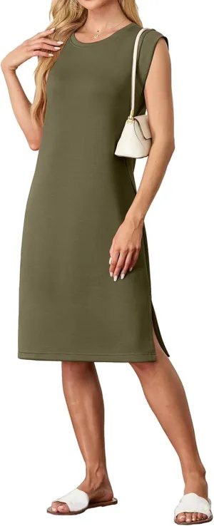 Women's Casual Midi Dresses Crewneck Sleeveless Dress Summer Loose Swing Split Wrinkle-Free Dress with Pockets