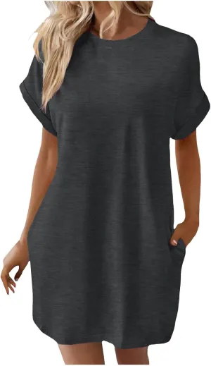 Women's Casual Summer Dress Loose Crew Neck Short Sleeve T Shirt Dresses Mini Beach Vacation Sun Dress with Pockets