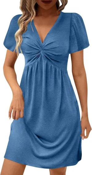 Womens Casual Summer Twist Front V Neck Short Sleeve Mini Dress, Elegant Short Sleeve Swing Sundress Beach Outfits