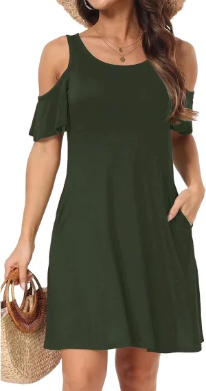 Womens Cold Shoulder Dresses Crewneck Short Sleeve Tshirt Mini Dress Summer Casual Loose Aline Swing Dresses 2025