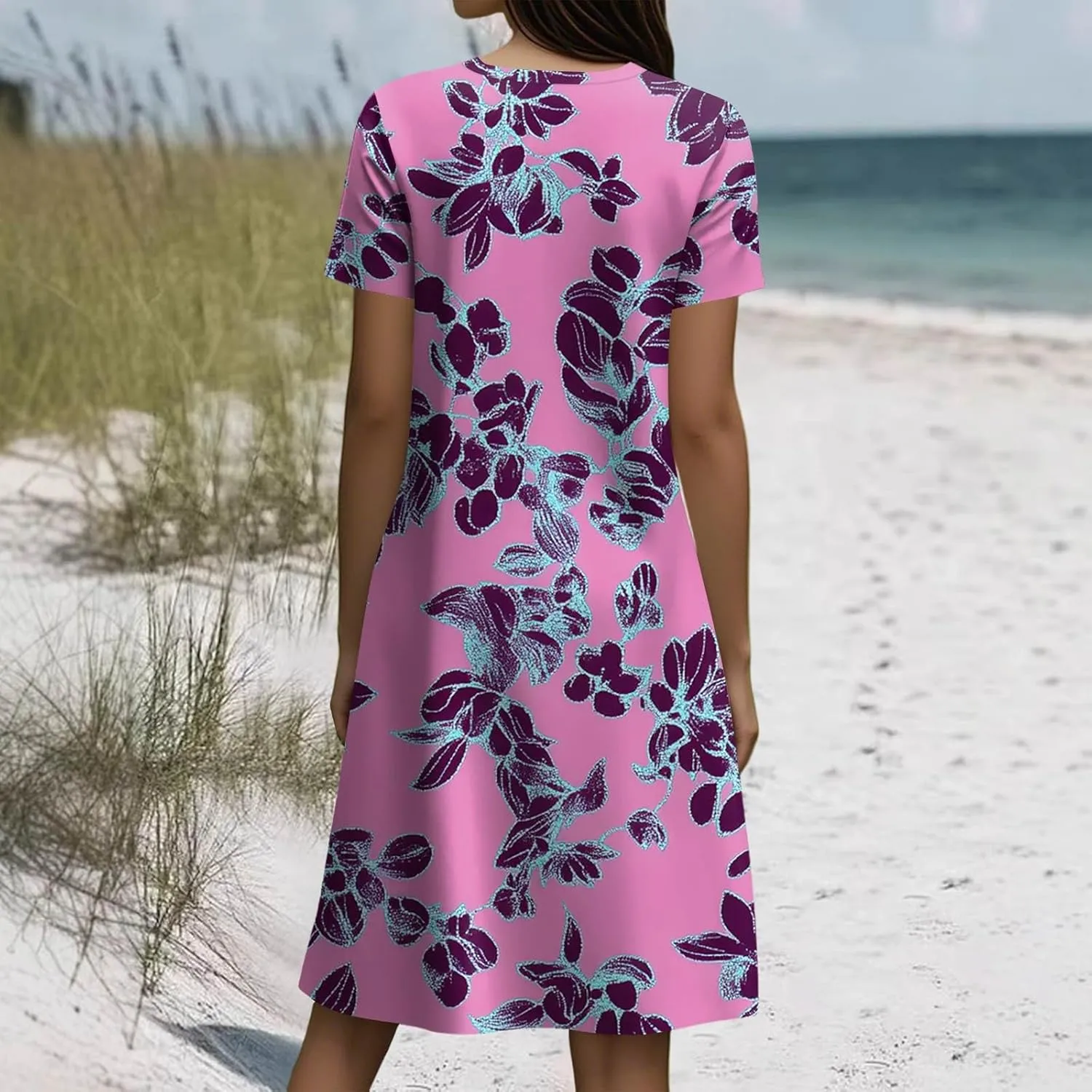 Women's Crew Neck Dresses Casual Sundress Beach Summer Short Sleeve Floral Knee Length A-Line with Pockets
