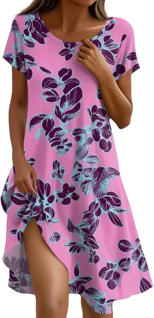 Women's Crew Neck Dresses Casual Sundress Beach Summer Short Sleeve Floral Knee Length A-Line with Pockets