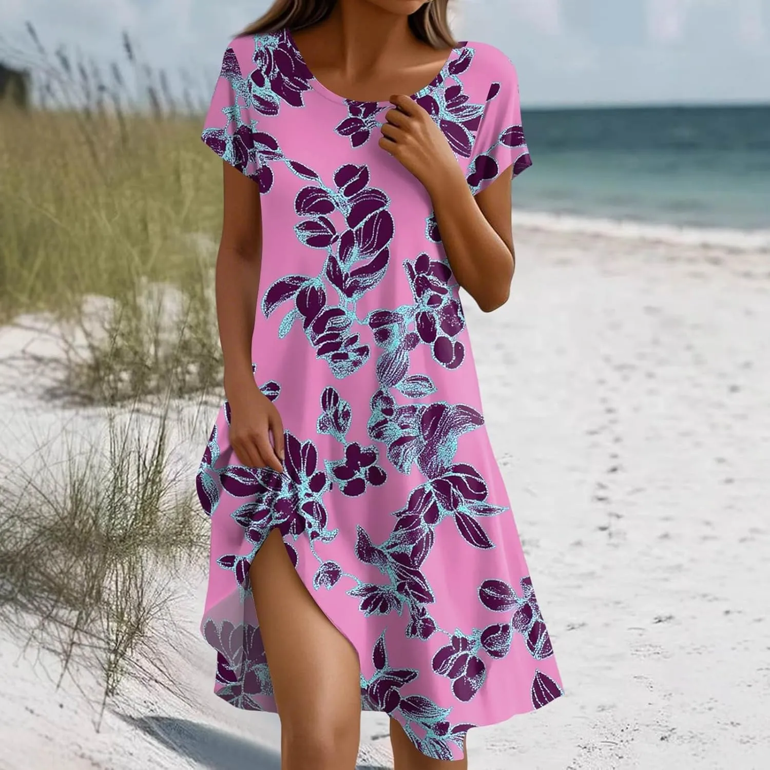 Women's Crew Neck Dresses Casual Sundress Beach Summer Short Sleeve Floral Knee Length A-Line with Pockets