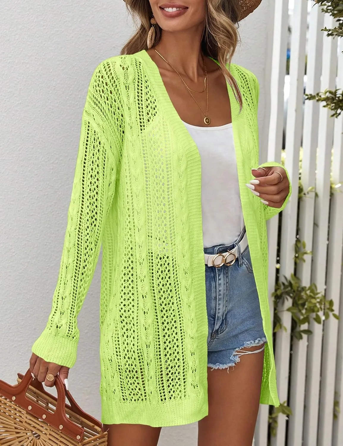 Womens Crochet Lightweight Cardigans Long Sleeve Open Front Kimonos Boho Summer Cardigan Sweater Cover Up